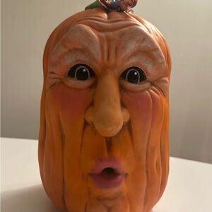 Vintage Expressive Orange Pumpkin Face Sculpture